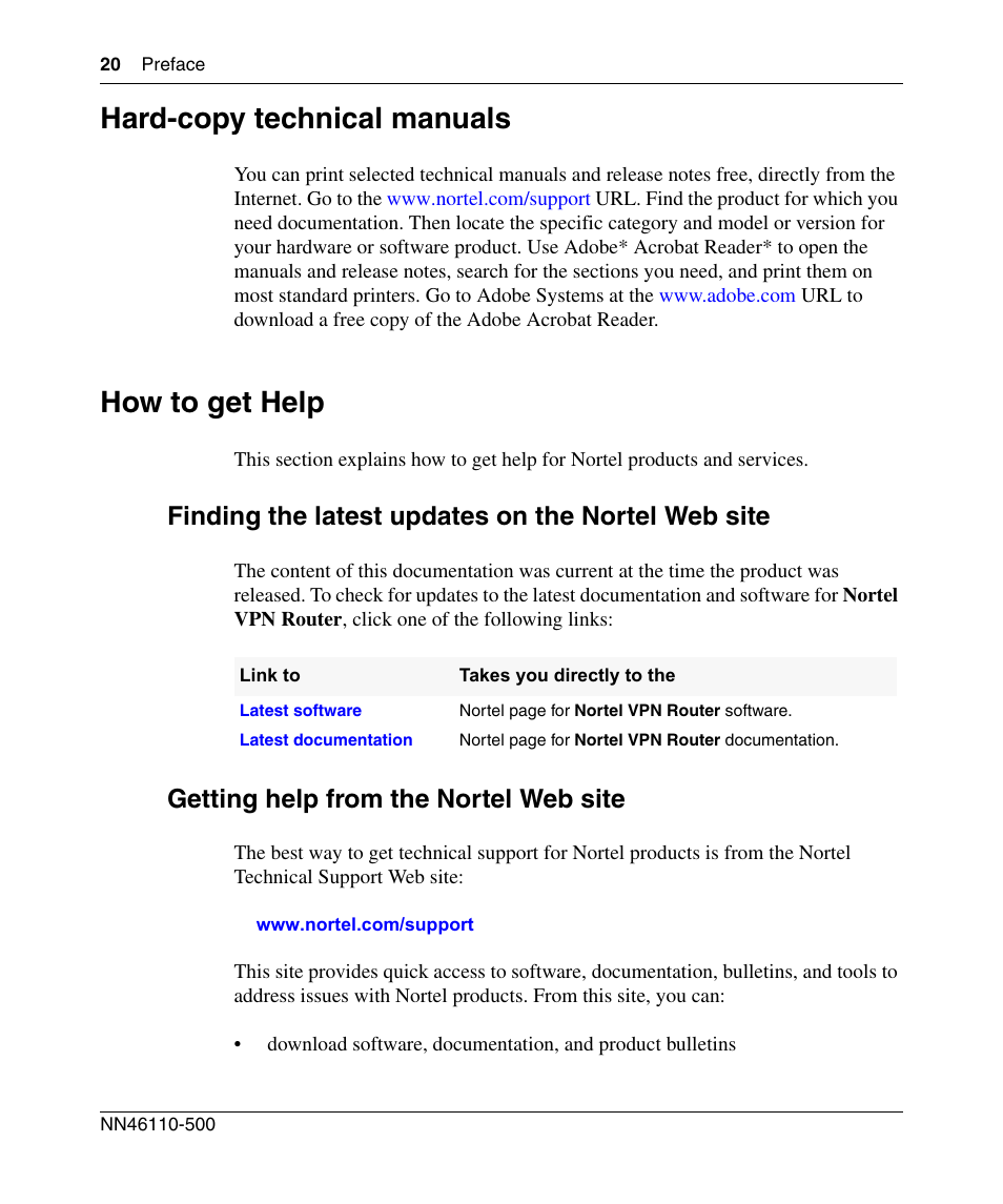 Hard-copy technical manuals, How to get help, Finding the latest updates on the nortel web site | Getting help from the nortel web site | Panasonic 7 User Manual | Page 20 / 178