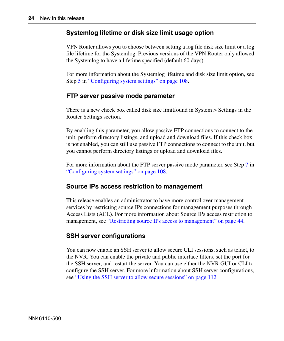 Systemlog lifetime or disk size limit usage option, Ftp server passive mode parameter, Source ips access restriction to management | Ssh server configurations | Panasonic 7 User Manual | Page 24 / 178