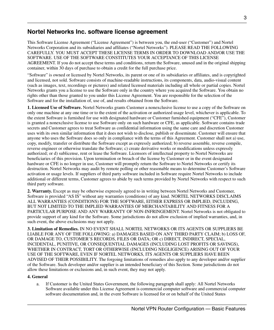 Nortel networks inc. software license agreement | Panasonic 7 User Manual | Page 3 / 178