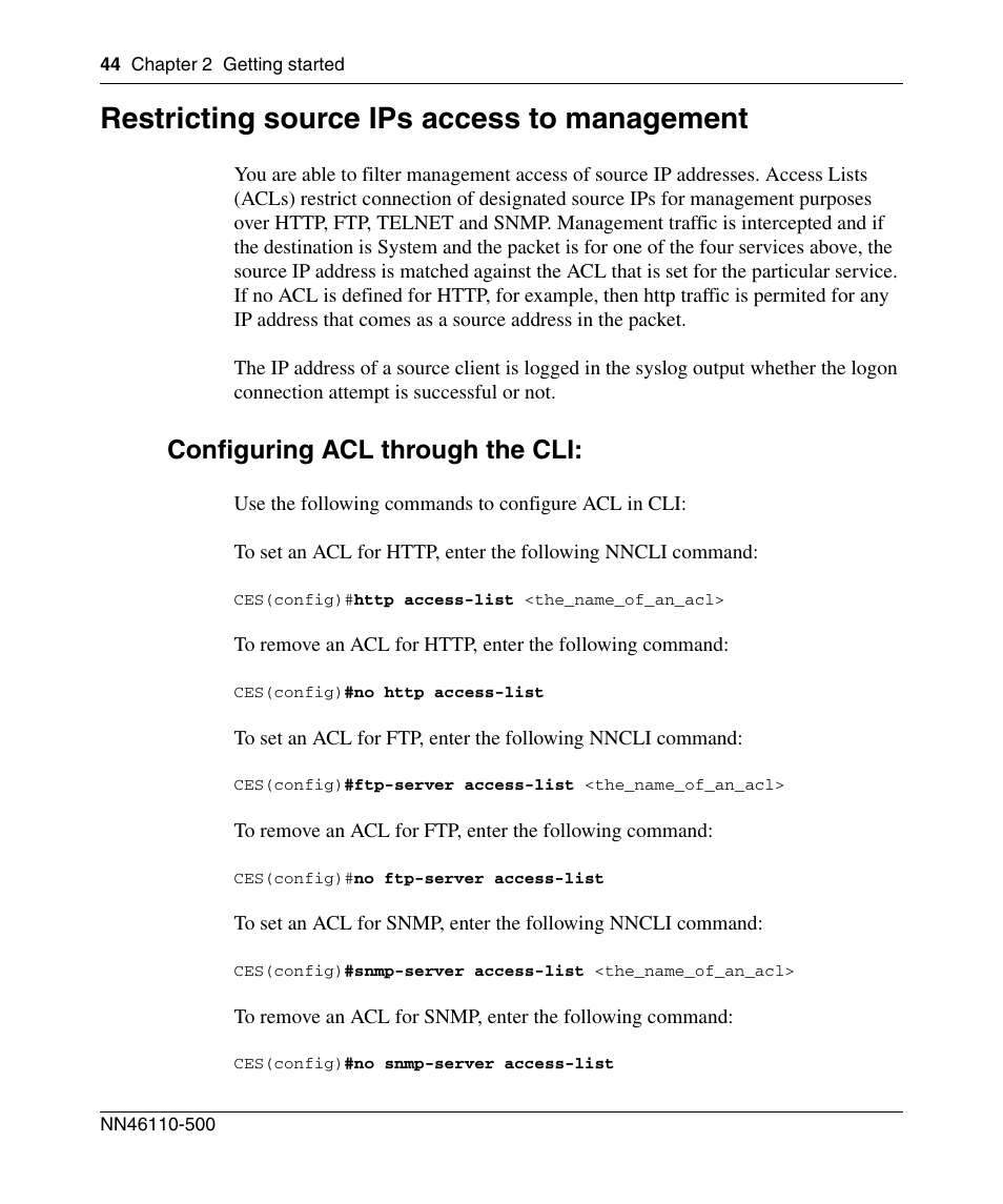 Restricting source ips access to management, Configuring acl through the cli | Panasonic 7 User Manual | Page 44 / 178