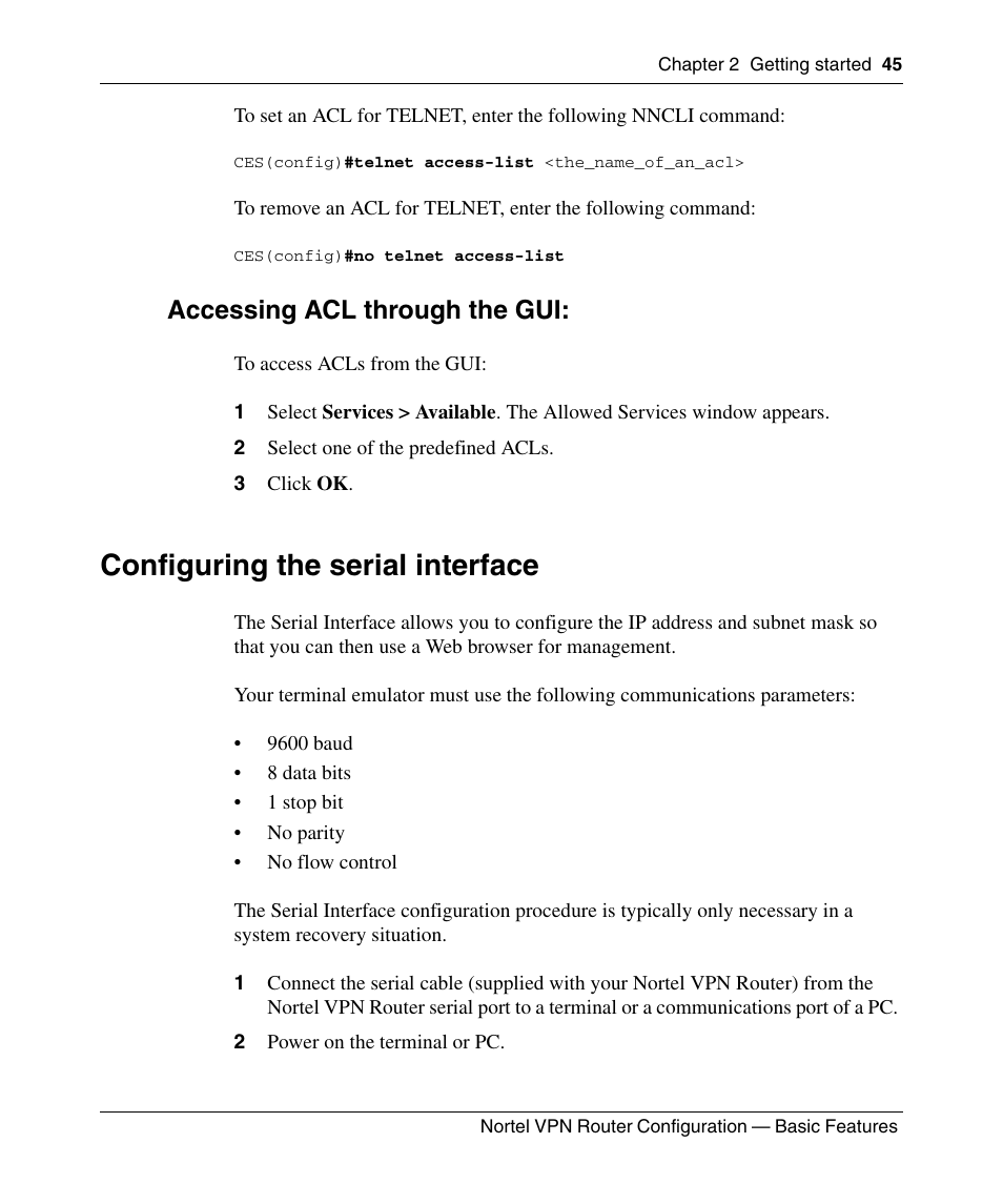 Accessing acl through the gui, Configuring the serial interface | Panasonic 7 User Manual | Page 45 / 178