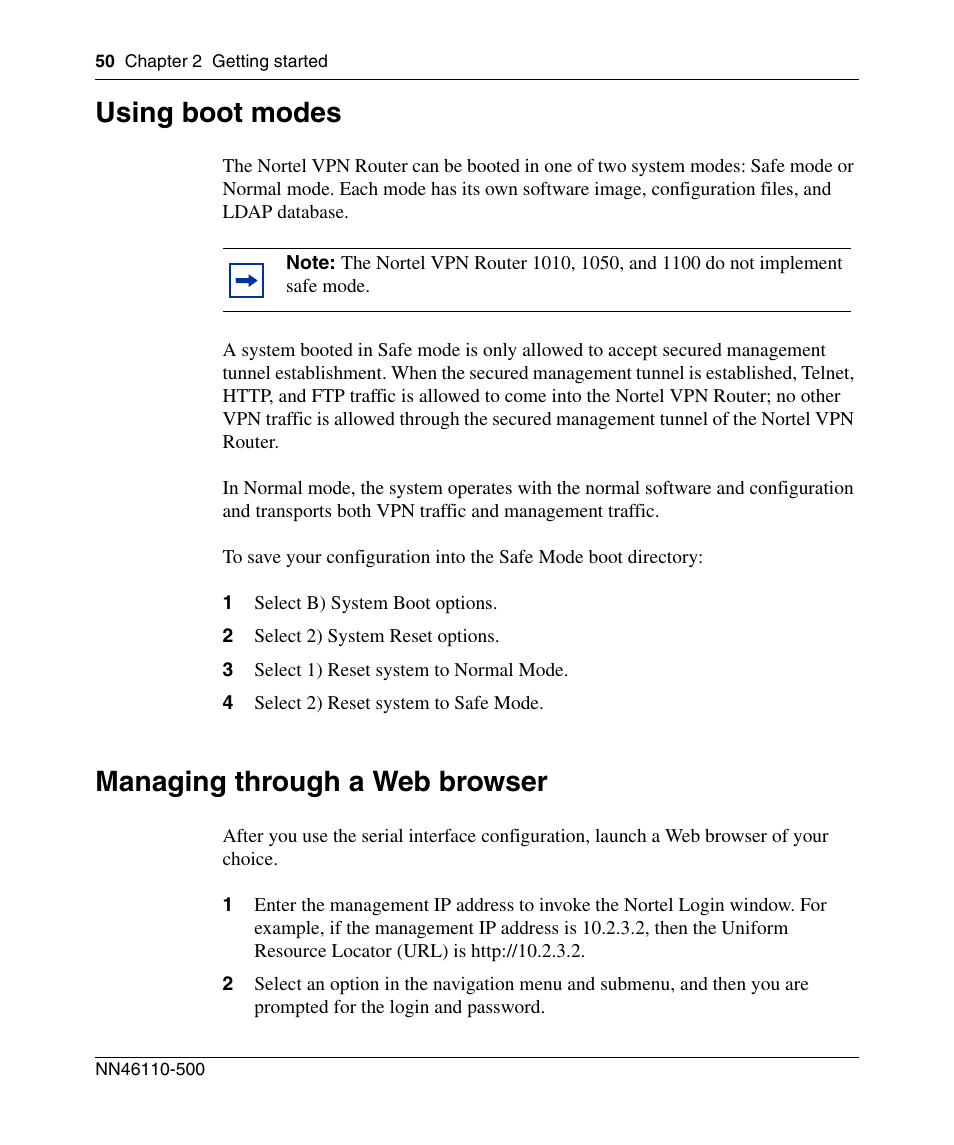 Using boot modes, Managing through a web browser | Panasonic 7 User Manual | Page 50 / 178