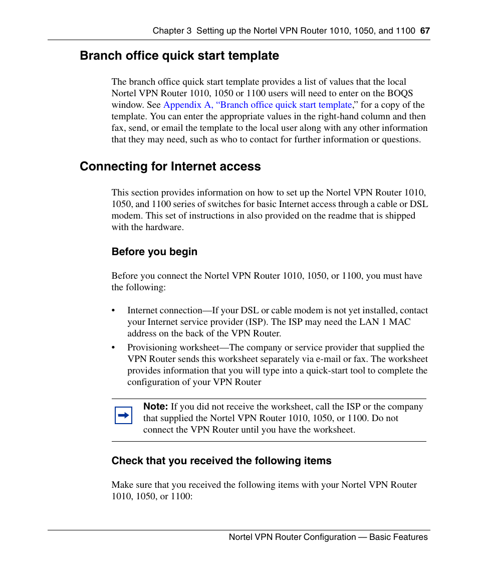 Branch office quick start template, Connecting for internet access, Before you begin | Check that you received the following items | Panasonic 7 User Manual | Page 67 / 178