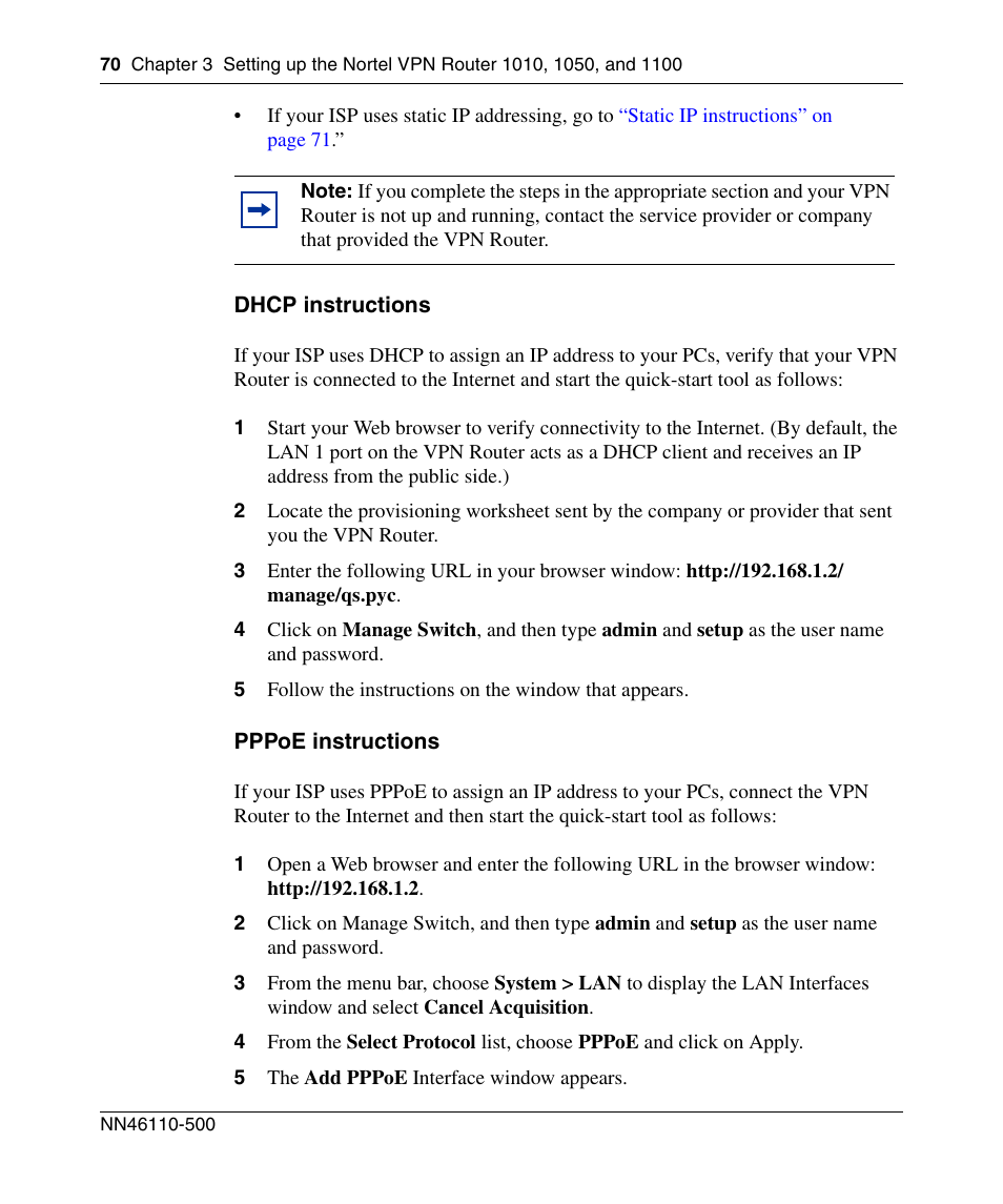 Dhcp instructions, Pppoe instructions | Panasonic 7 User Manual | Page 70 / 178