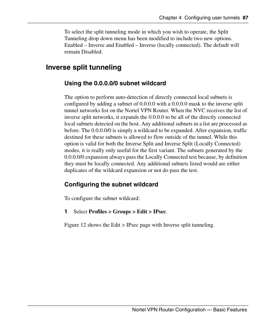 Inverse split tunneling, Using the 0.0.0.0/0 subnet wildcard, Configuring the subnet wildcard | Panasonic 7 User Manual | Page 87 / 178