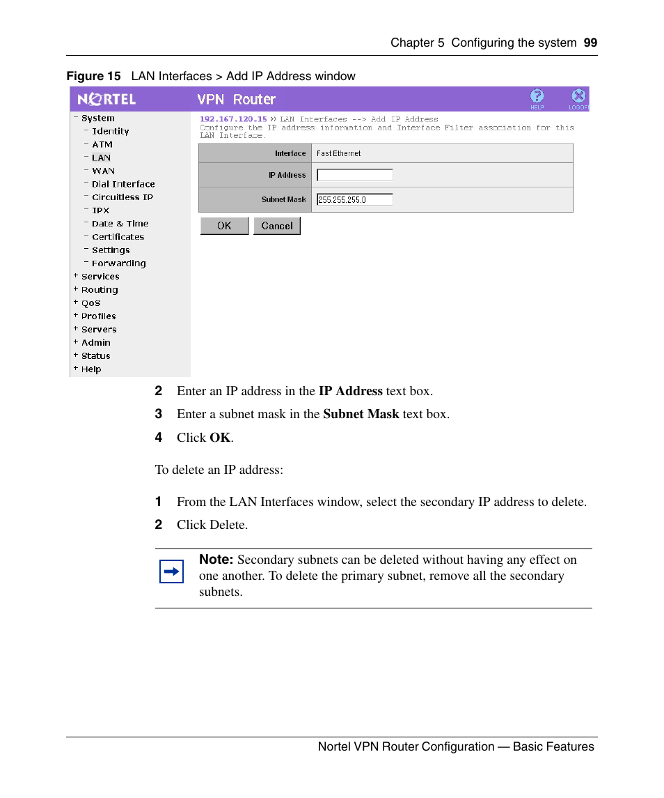N0rtel, Lan interfaces > add ip address window, Vpn router | Figure 15 | Panasonic 7 User Manual | Page 99 / 178
