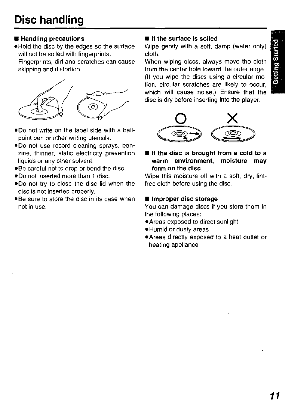 Disc handling, Handling precautions, M if the surface is soiled | Improper disc storage | Panasonic DVD-P10D User Manual | Page 11 / 72