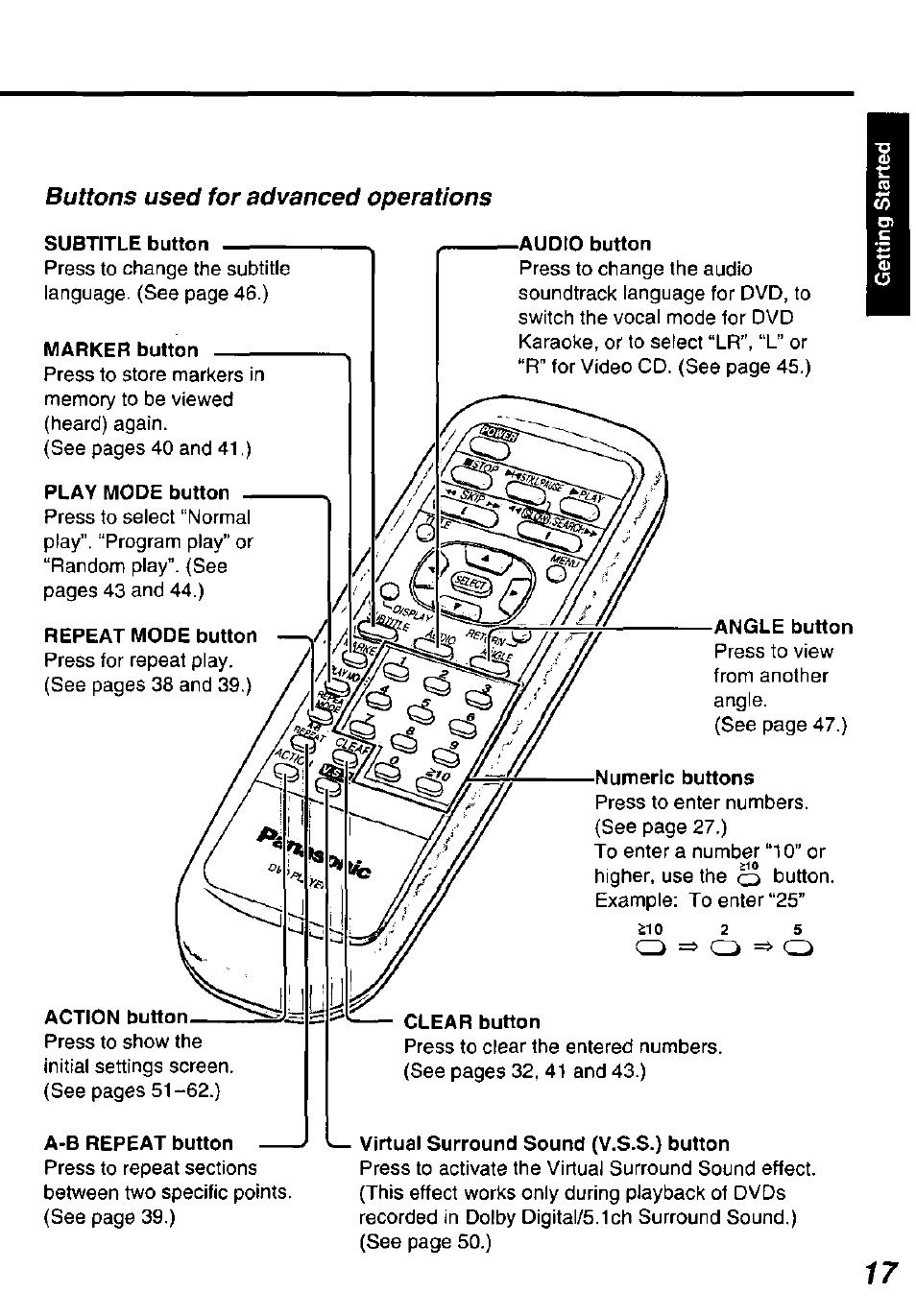 Marker button, Play mode button, Repeat mode button | Action button, A-b repeat button, Numeric buttons, Buttons used for advanced operations | Panasonic DVD-P10D User Manual | Page 17 / 72
