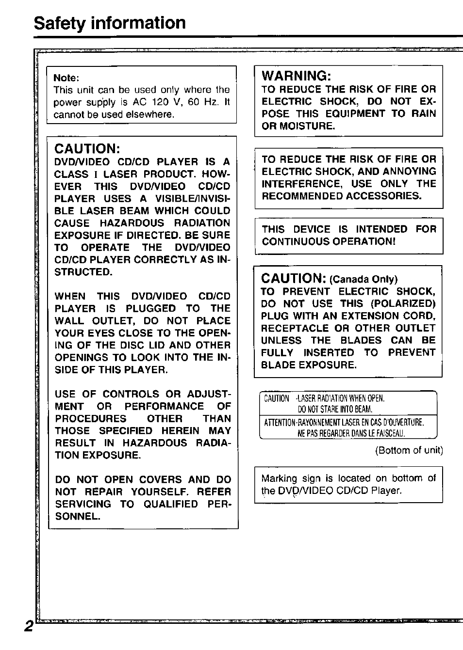 Safety information, Caution, Warning | Panasonic DVD-P10D User Manual | Page 2 / 72