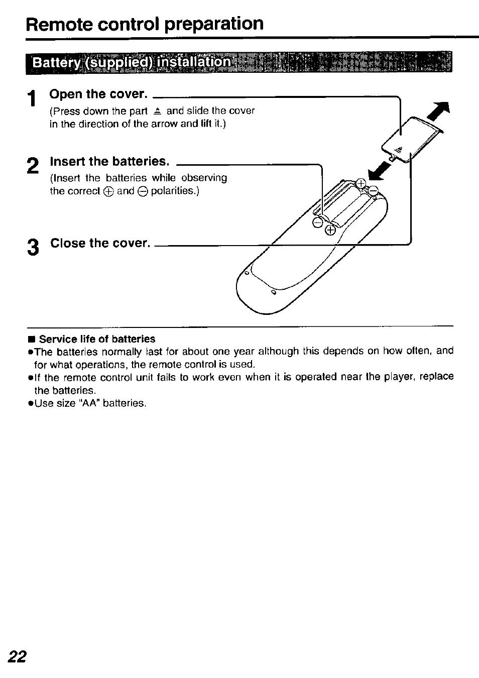 Remote control preparation, Battery (supplied) instali, Service life of batteries | Panasonic DVD-P10D User Manual | Page 22 / 72