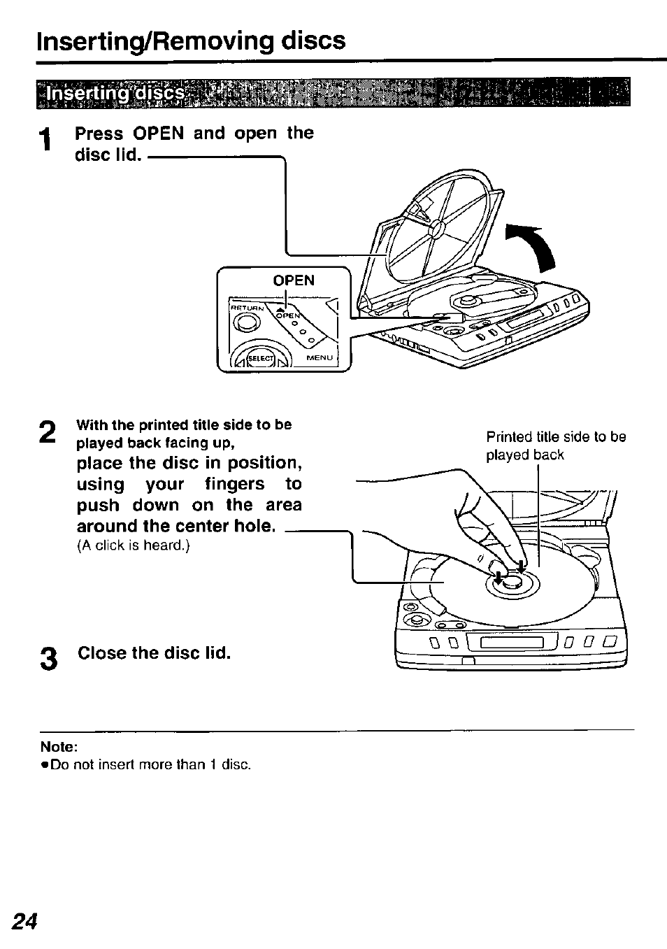Inserting/removing discs | Panasonic DVD-P10D User Manual | Page 24 / 72