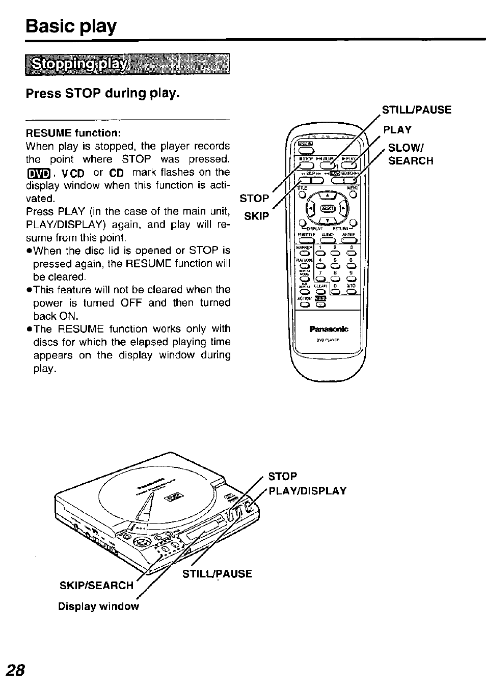 Press stop during play, Resume function, Basic play | Panasonic DVD-P10D User Manual | Page 28 / 72
