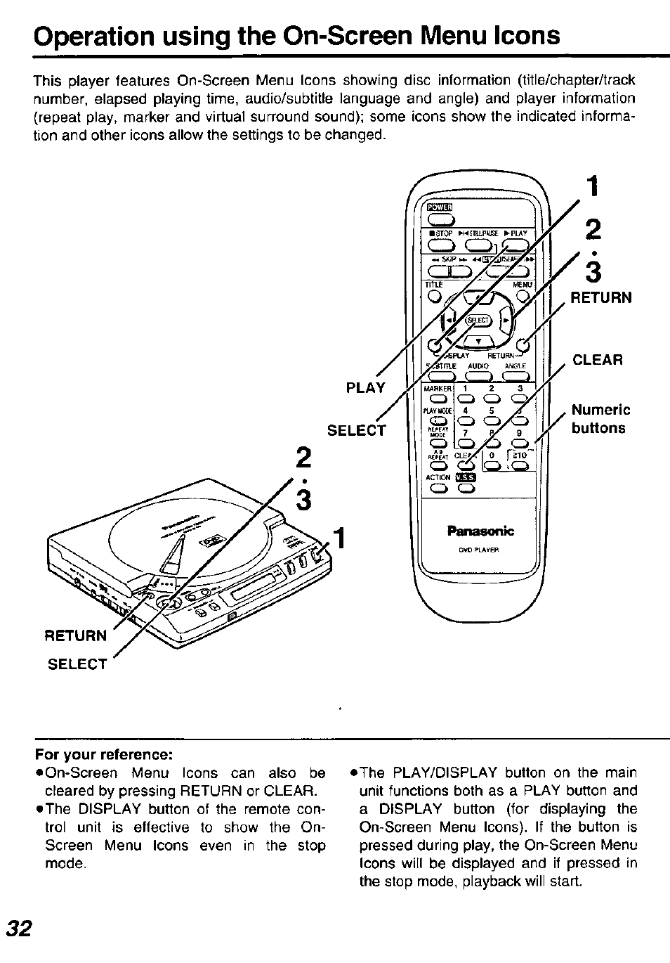 For your reference, Operation using the on-screen menu icons | Panasonic DVD-P10D User Manual | Page 32 / 72