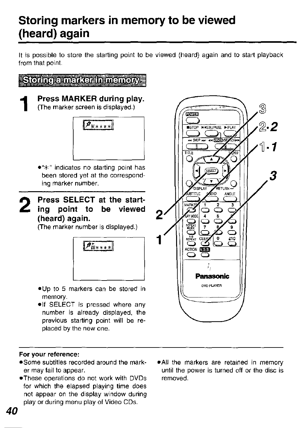 Press marker during play, For your reference | Panasonic DVD-P10D User Manual | Page 40 / 72