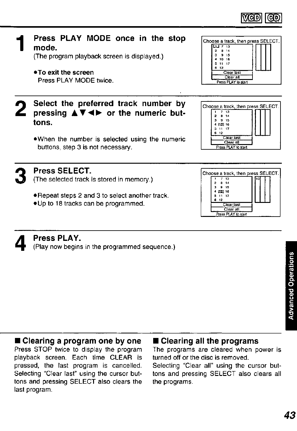 Press play mode once in the stop mode, To exit the screen, Tons | Press select, Press play, Clearing a program one by one, Clearing all the programs | Panasonic DVD-P10D User Manual | Page 43 / 72