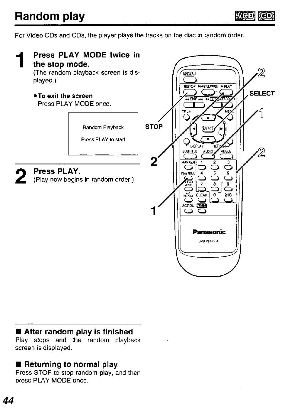 After random play is finished, Returning to normal play, Random play | Panasonic DVD-P10D User Manual | Page 44 / 72