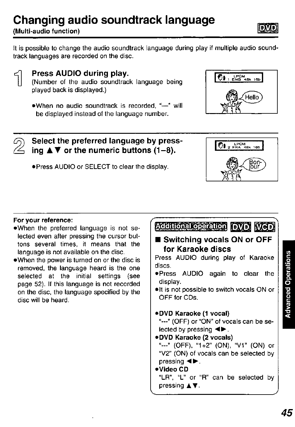 Changing audio soundtrack language, Press audio during play, For your reference | Switching vocals on or off for karaoke discs, Dvd karaoke (1 vocal) | Panasonic DVD-P10D User Manual | Page 45 / 72