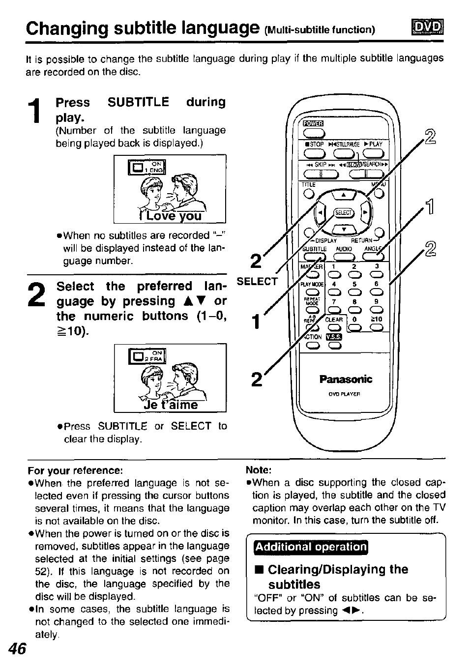 Press subtitle during play, For your reference, Note | Changing subtitle language | Panasonic DVD-P10D User Manual | Page 46 / 72