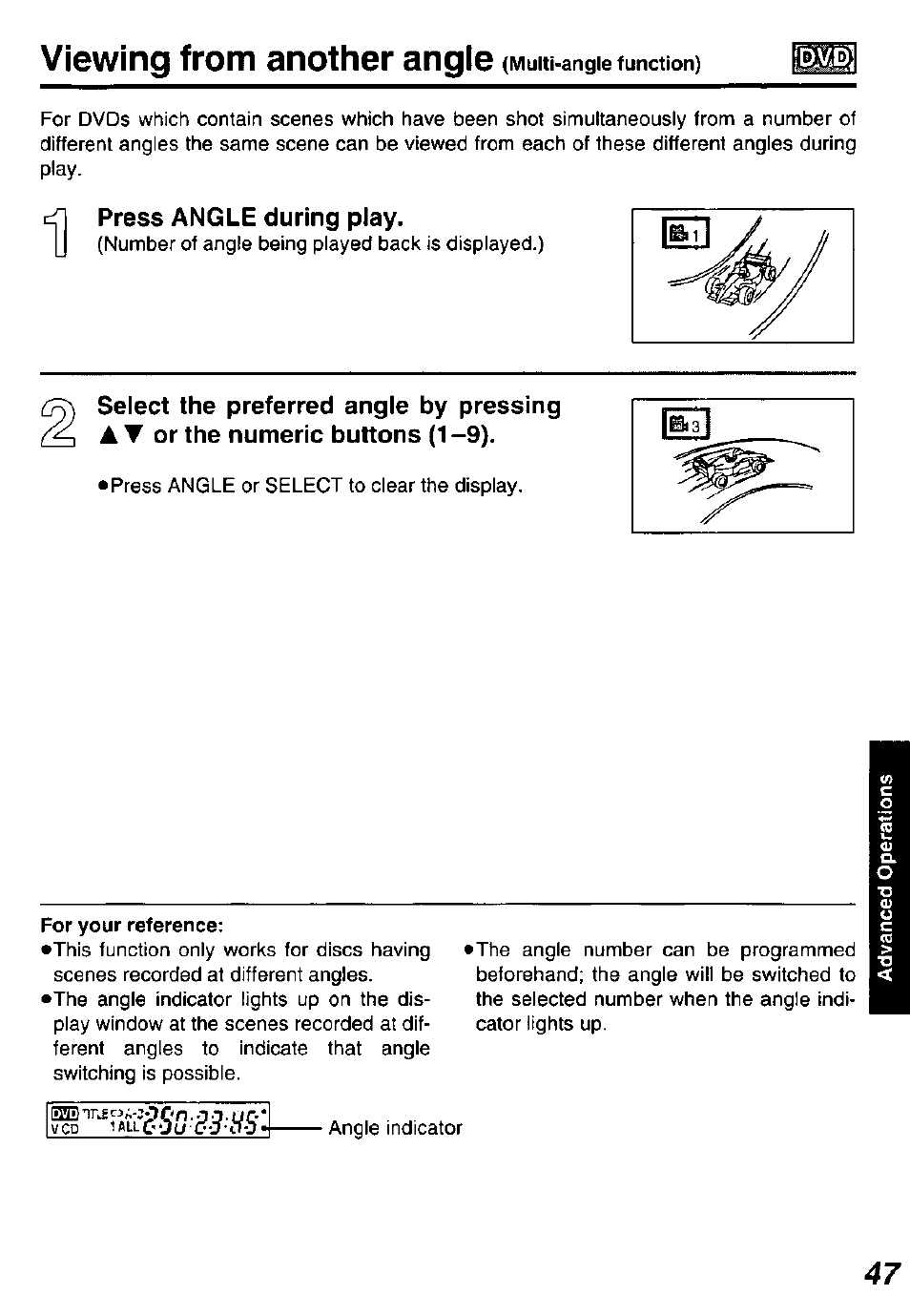 Viewing from another angle (multi-angle function), Press angle during play, For your reference | Viewing from another angle | Panasonic DVD-P10D User Manual | Page 47 / 72