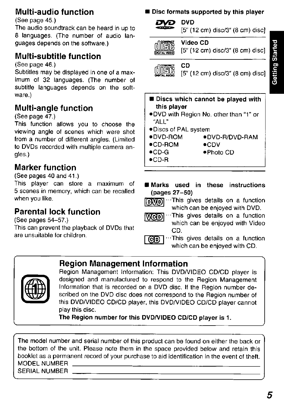 Multi-audio function, Multi-subtitle function, Multi-angle function | Marker function, Parental lock function, Region management information, Ntlnsip | Panasonic DVD-P10D User Manual | Page 5 / 72