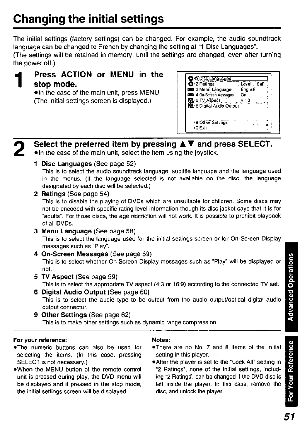 Press action or menu in the stop mode, Changing the initial settings | Panasonic DVD-P10D User Manual | Page 51 / 72