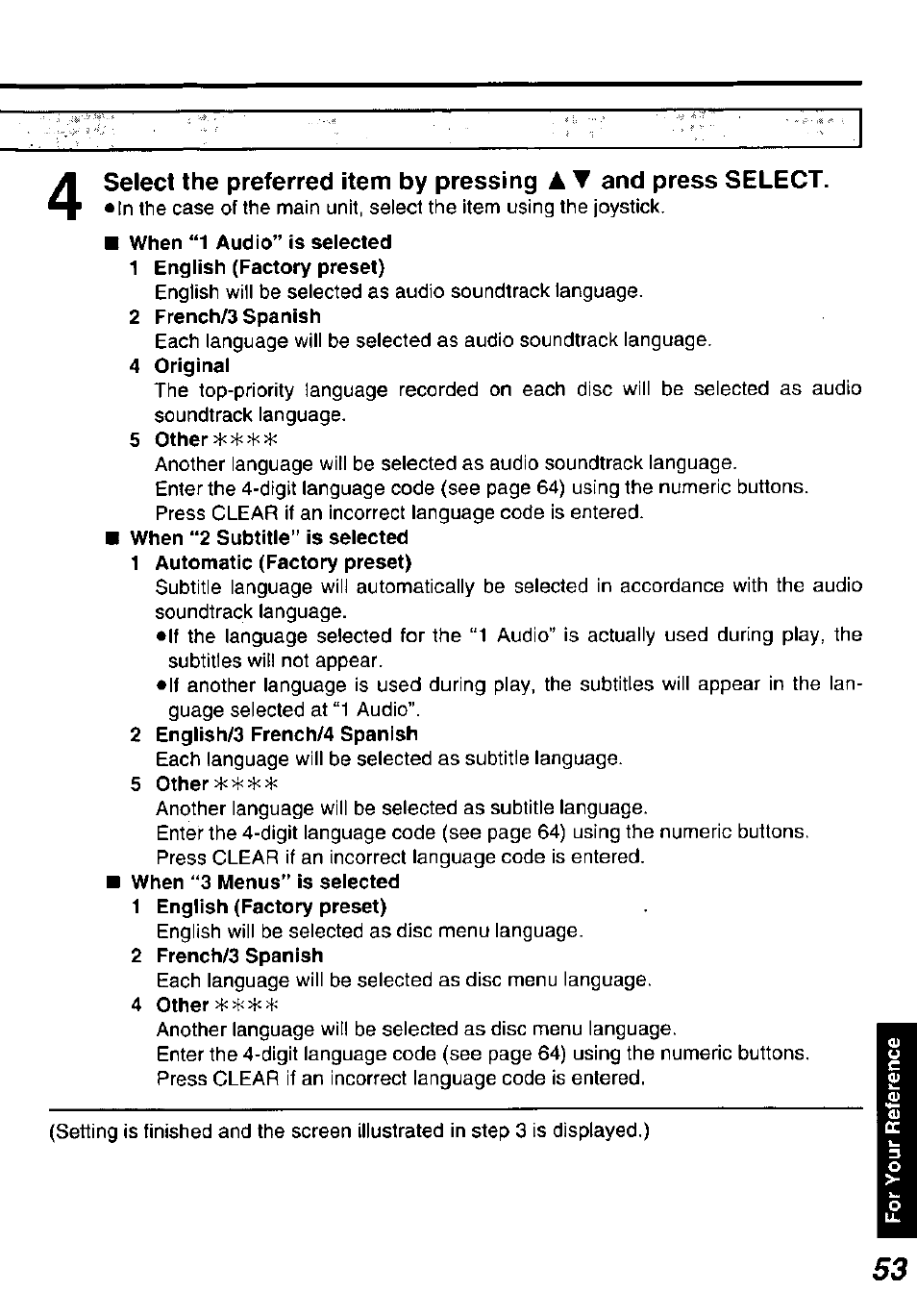2 french/3 spanish, 4 original, 5 other | 2 english/3 french/4 spanish, 4 other | Panasonic DVD-P10D User Manual | Page 53 / 72