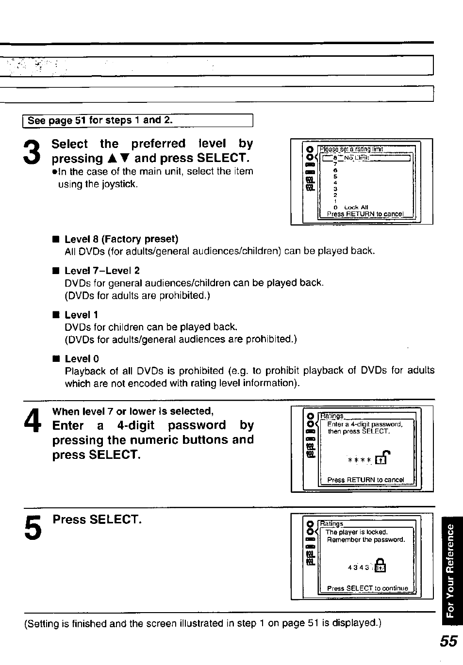 Press select, Select the preferred level by pressing, T and press select | Panasonic DVD-P10D User Manual | Page 55 / 72