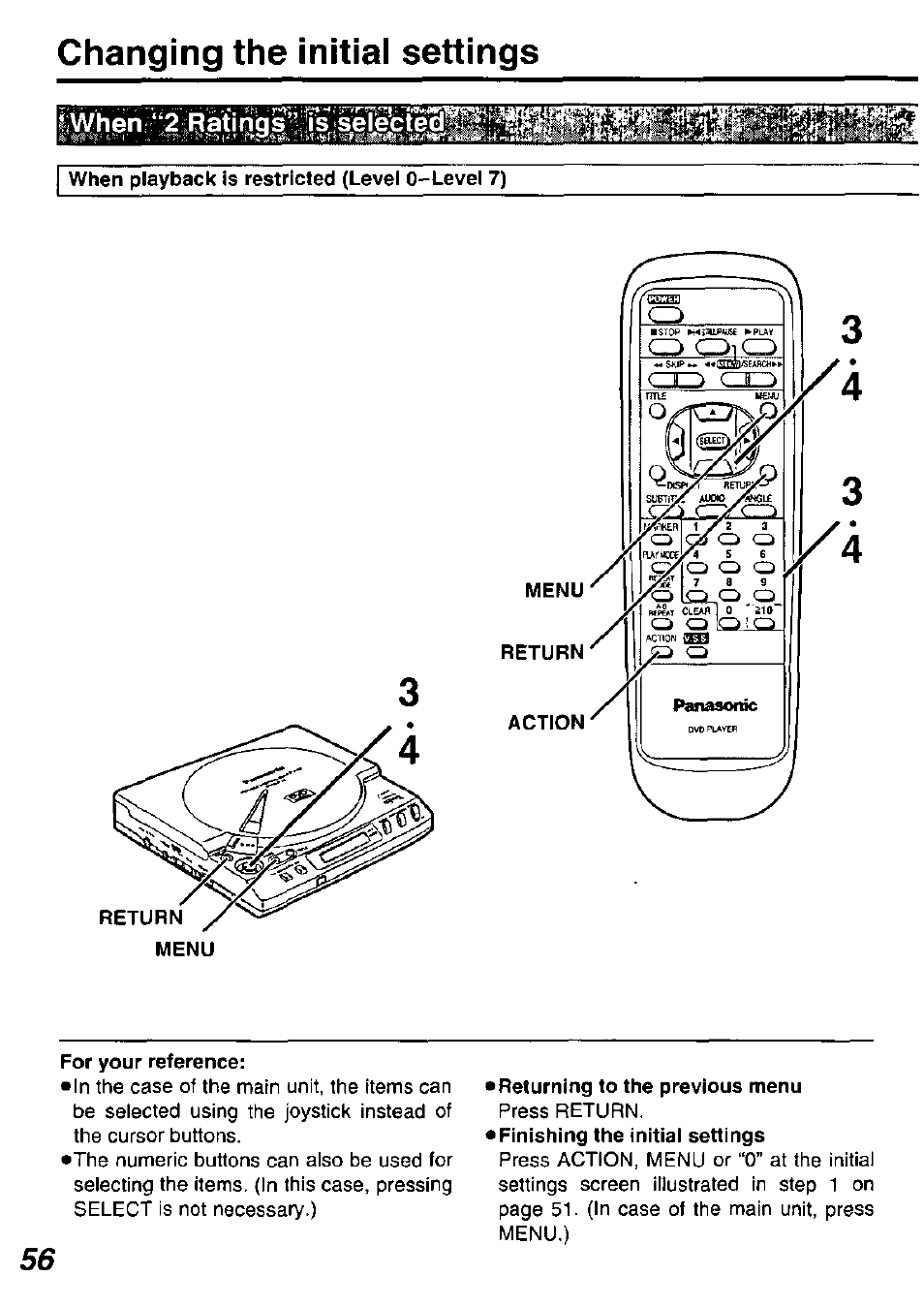 When playback is restricted (level 0-level 7), For your reference, Returning to the previous menu | Changing the initial settings | Panasonic DVD-P10D User Manual | Page 56 / 72