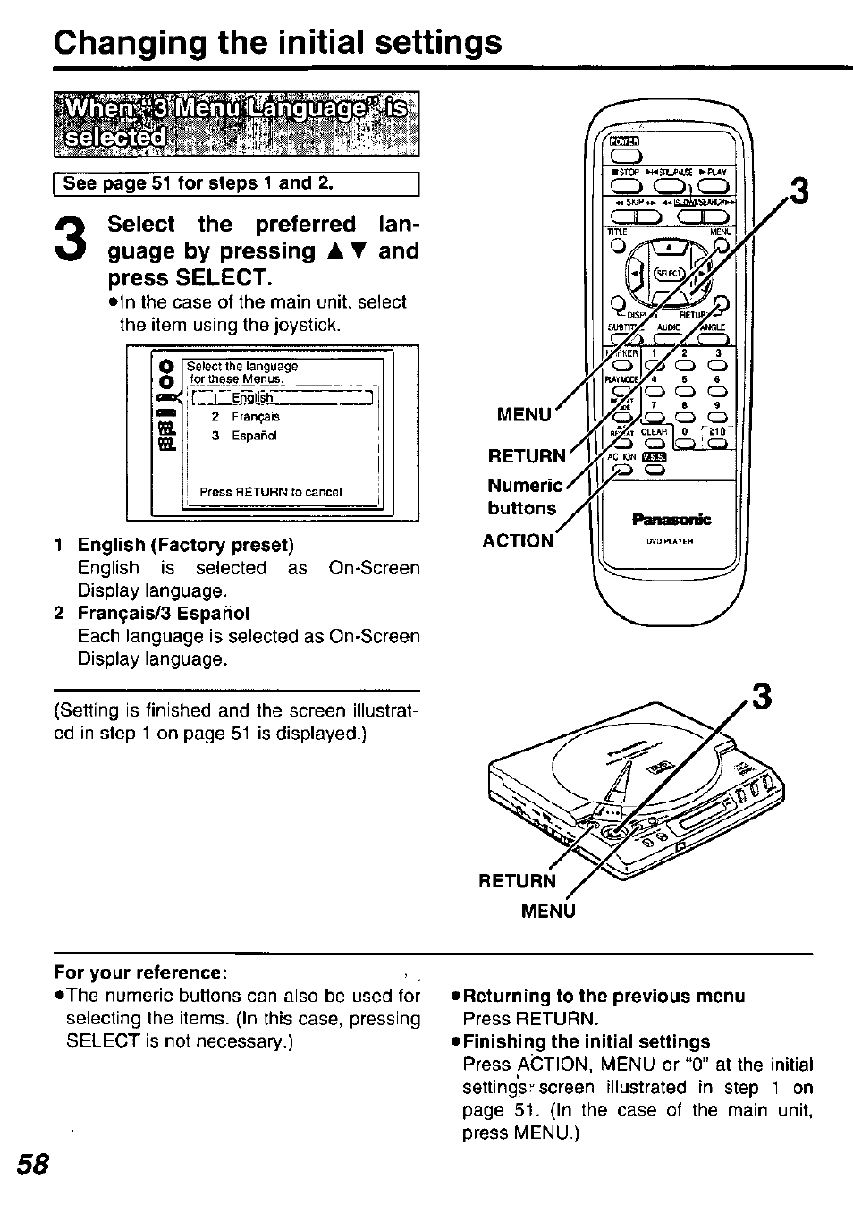 1 english (factory preset), 2 fran9ais/3 español, For your reference | Returning to the previous menu, Changing the initial settings, Ol ta | Panasonic DVD-P10D User Manual | Page 58 / 72