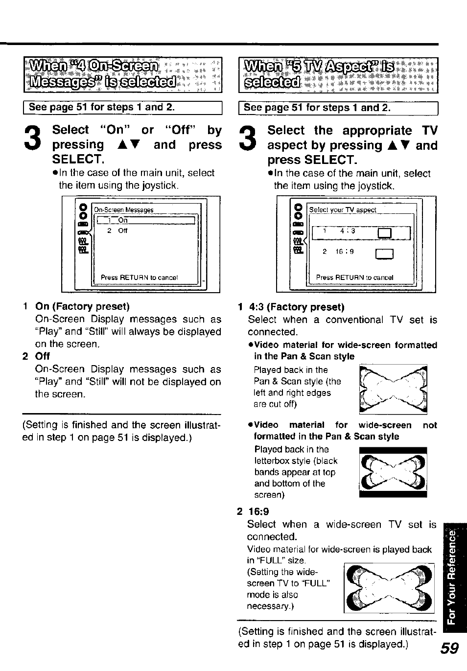 Iwhen, 1 on (factory preset), 2 off | Selects | Panasonic DVD-P10D User Manual | Page 59 / 72