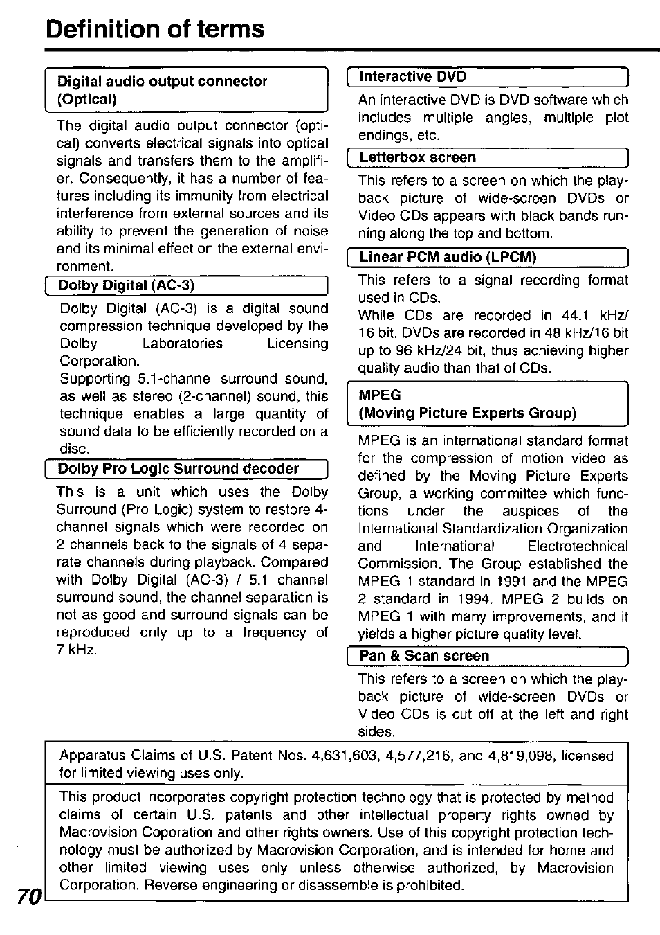 Definition of terms, Interactive dvd, Letterbox screert | Panasonic DVD-P10D User Manual | Page 70 / 72