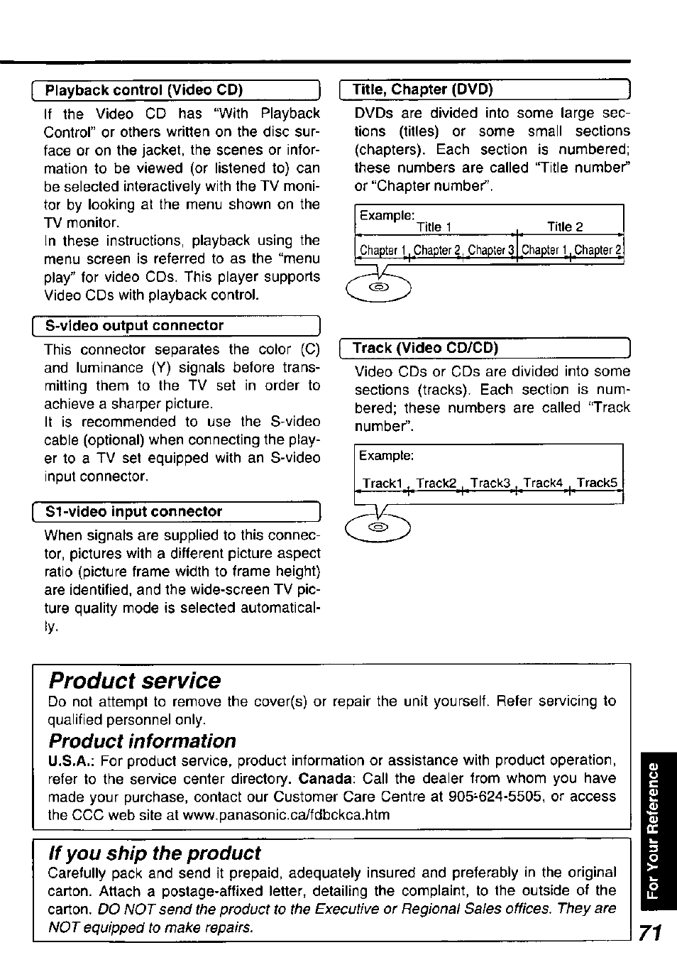S-video output connector, Track (video cd/cd), S-video output connector.13, 18, 71 | Product service, Product information, If you ship the product | Panasonic DVD-P10D User Manual | Page 71 / 72