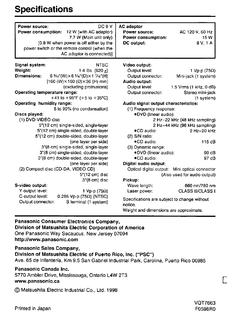 Specifications, Panasonic consumer electronics company, Panasonic canada inc | Panasonic DVD-P10D User Manual | Page 72 / 72