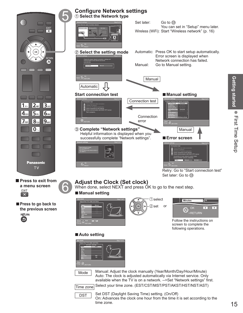 Configure network settings, Adjust the clock (set clock), First t ime setup | Getting started, Press to exit from a menu screen, Press to go back to the previous screen, Select the network type, Select the setting mode, Start connection test, Manual setting | Panasonic TC-50PX34 User Manual | Page 16 / 62