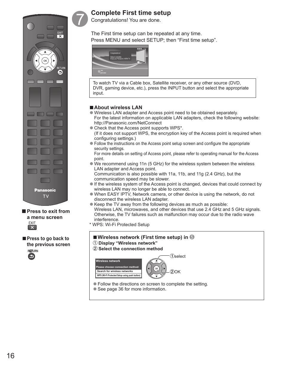 Complete first time setup | Panasonic TC-50PX34 User Manual | Page 17 / 62