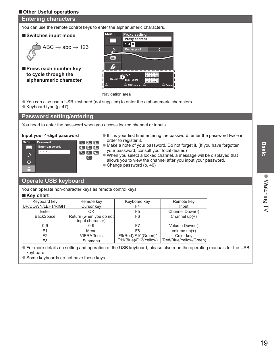 W atching tv, Entering characters, Password setting/entering | Operate usb keyboard, Basic, Abc → abc → 123 | Panasonic TC-50PX34 User Manual | Page 20 / 62