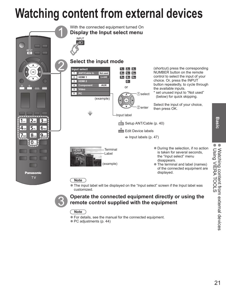 Watching content from external devices | Panasonic TC-50PX34 User Manual | Page 22 / 62