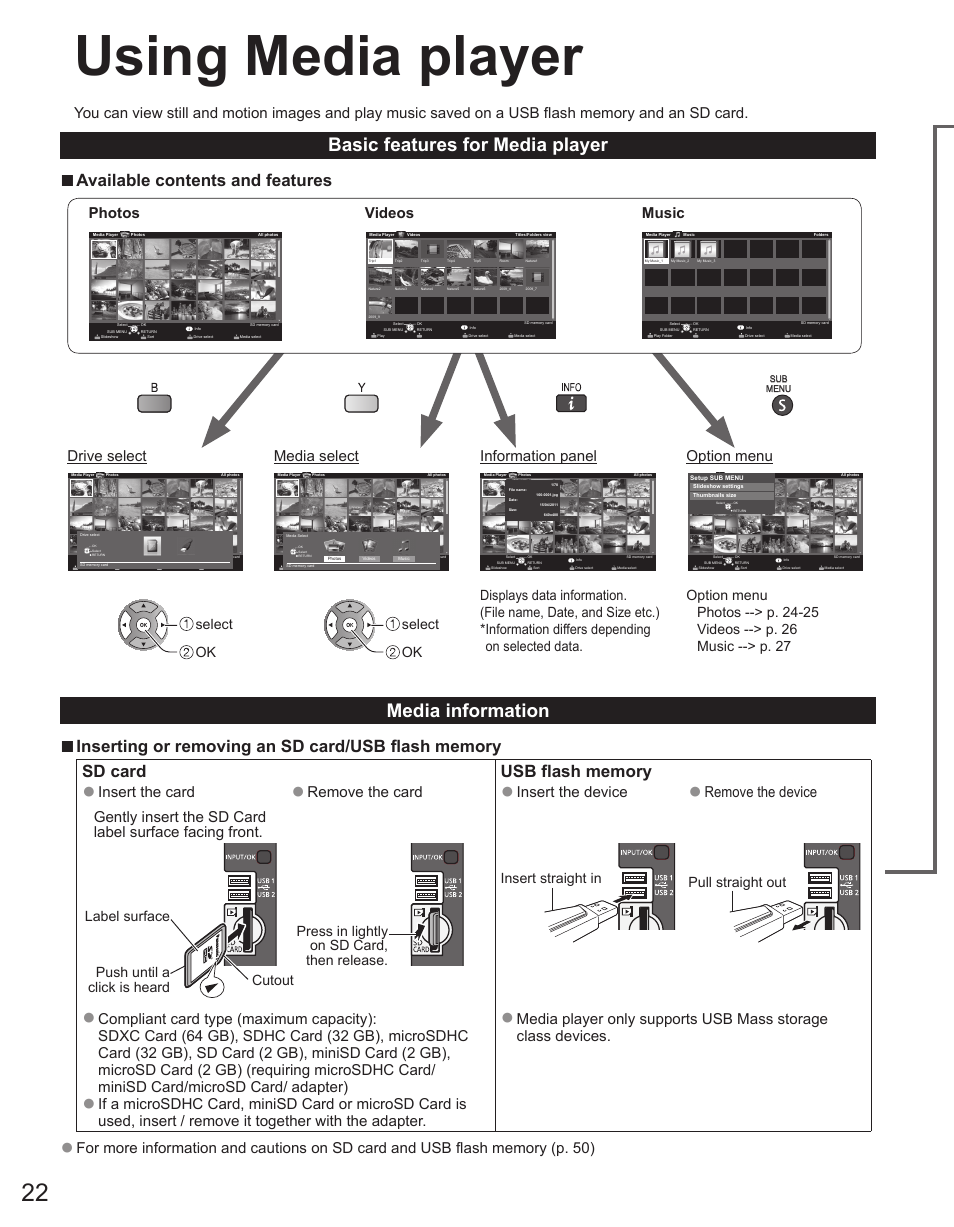 Using media player, Basic features for media player, Media information | Available contents and features, Photos, Videos, Music, Drive select, Media select, Information panel | Panasonic TC-50PX34 User Manual | Page 23 / 62