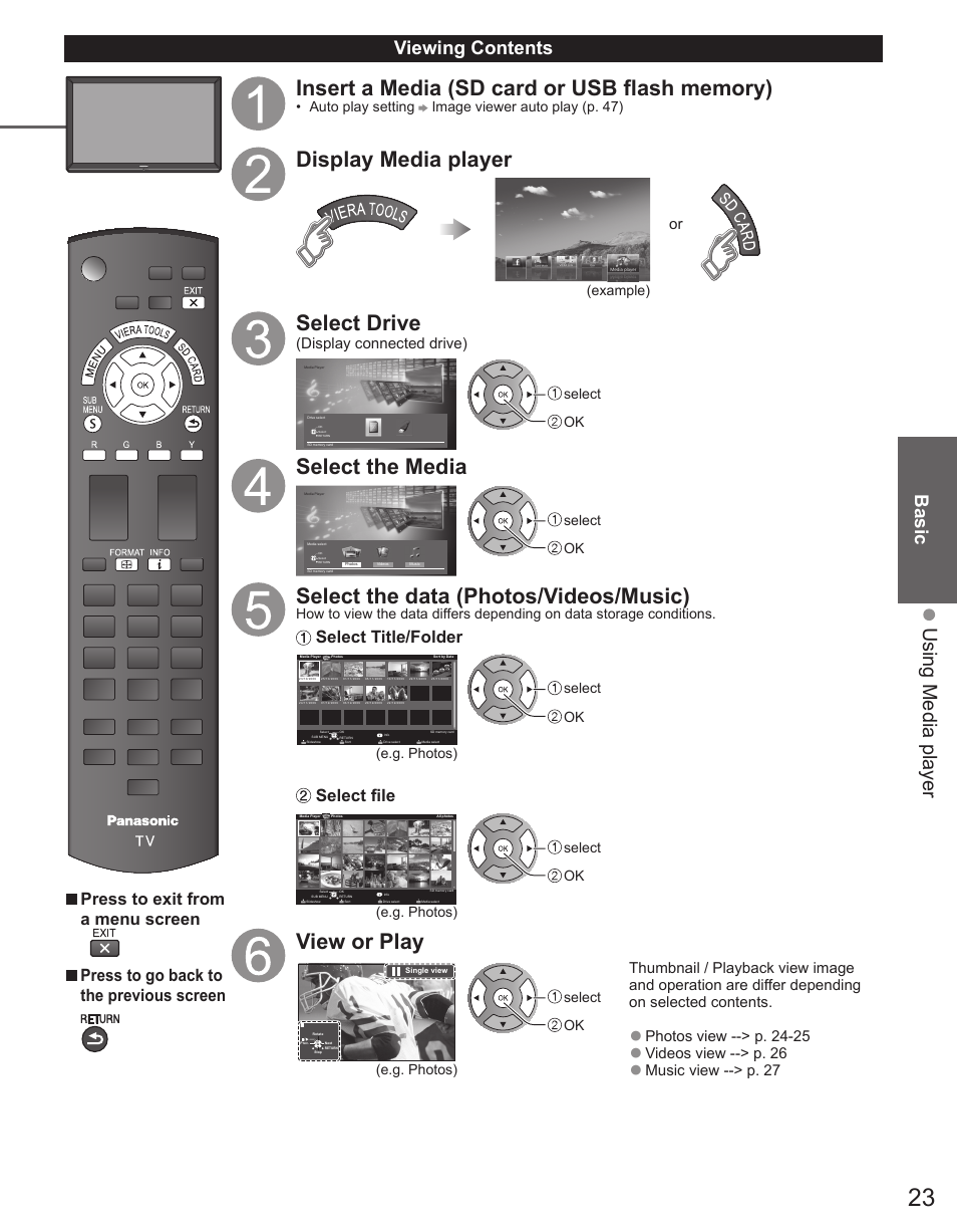 Display media player, Select drive, Select the media | Select the data (photos/videos/music), View or play, Using media player, Basic, Viewing contents, Press to exit from a menu screen, Press to go back to the previous screen | Panasonic TC-50PX34 User Manual | Page 24 / 62