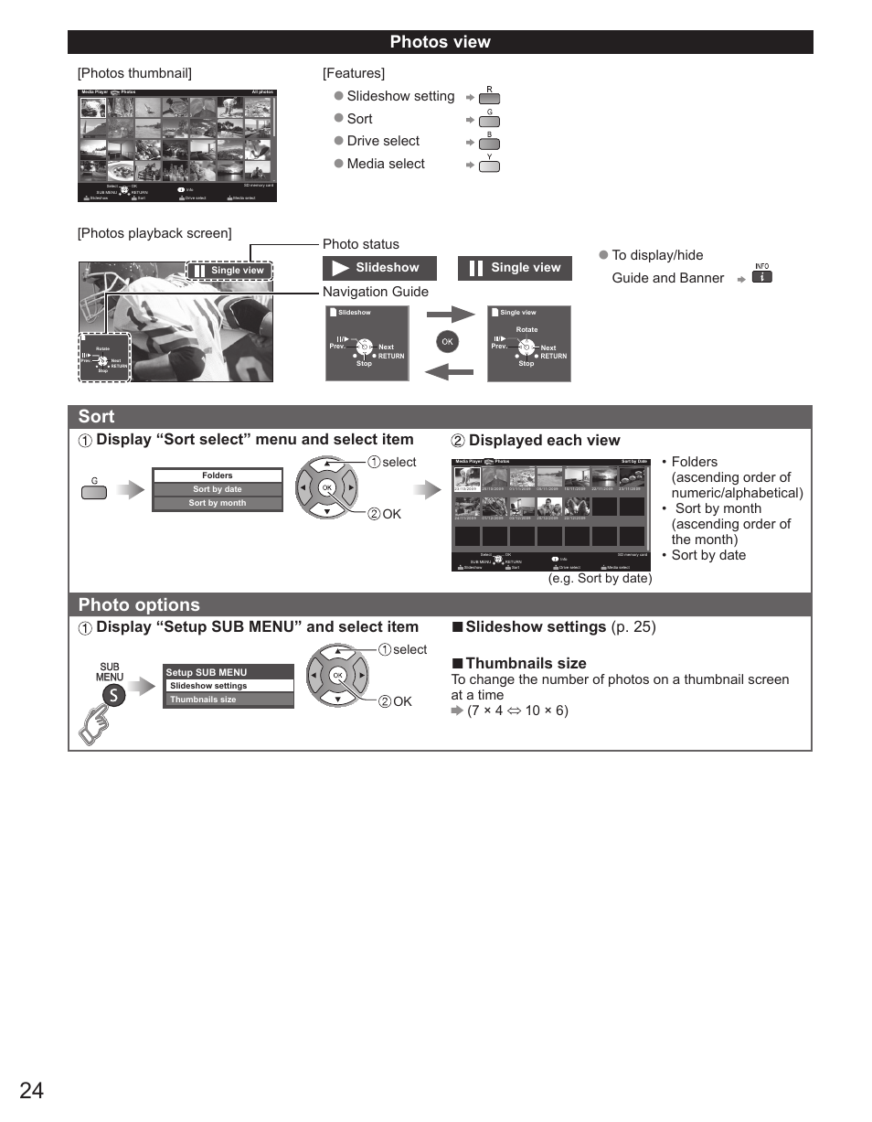 Photo options, Photos view, Display “sort select” menu and select item | Displayed each view, Display “setup sub menu” and select item, Slideshow settings (p. 25), Thumbnails size, Photos thumbnail, Features, Slideshow setting | Panasonic TC-50PX34 User Manual | Page 25 / 62