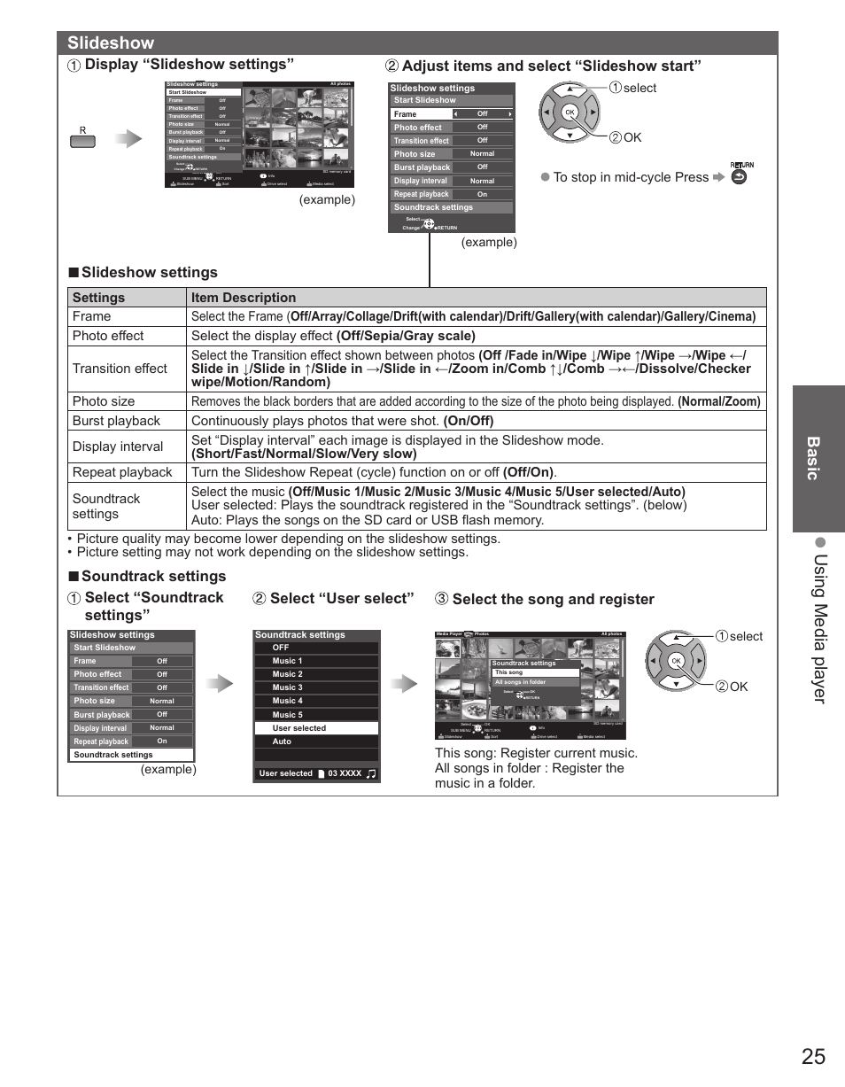 Using media player slideshow, Basic, Display “slideshow settings | Adjust items and select “slideshow start, Slideshow settings, Example), Select ok | Panasonic TC-50PX34 User Manual | Page 26 / 62