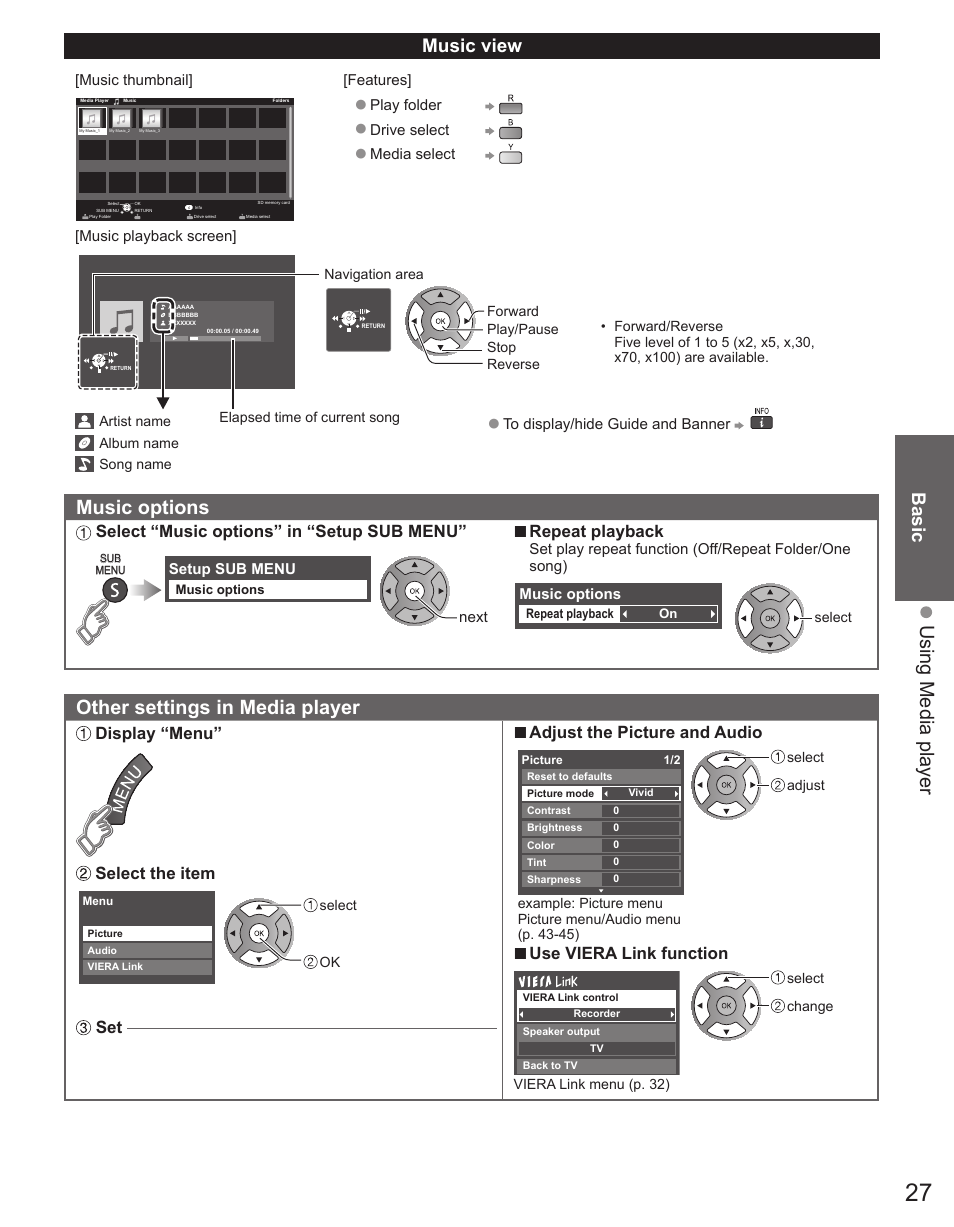 Using media player, Music options, Other settings in media player | Basic, Music view, Select “music options” in “setup sub menu, Repeat playback, Display “menu, Select the item, Adjust the picture and audio | Panasonic TC-50PX34 User Manual | Page 28 / 62