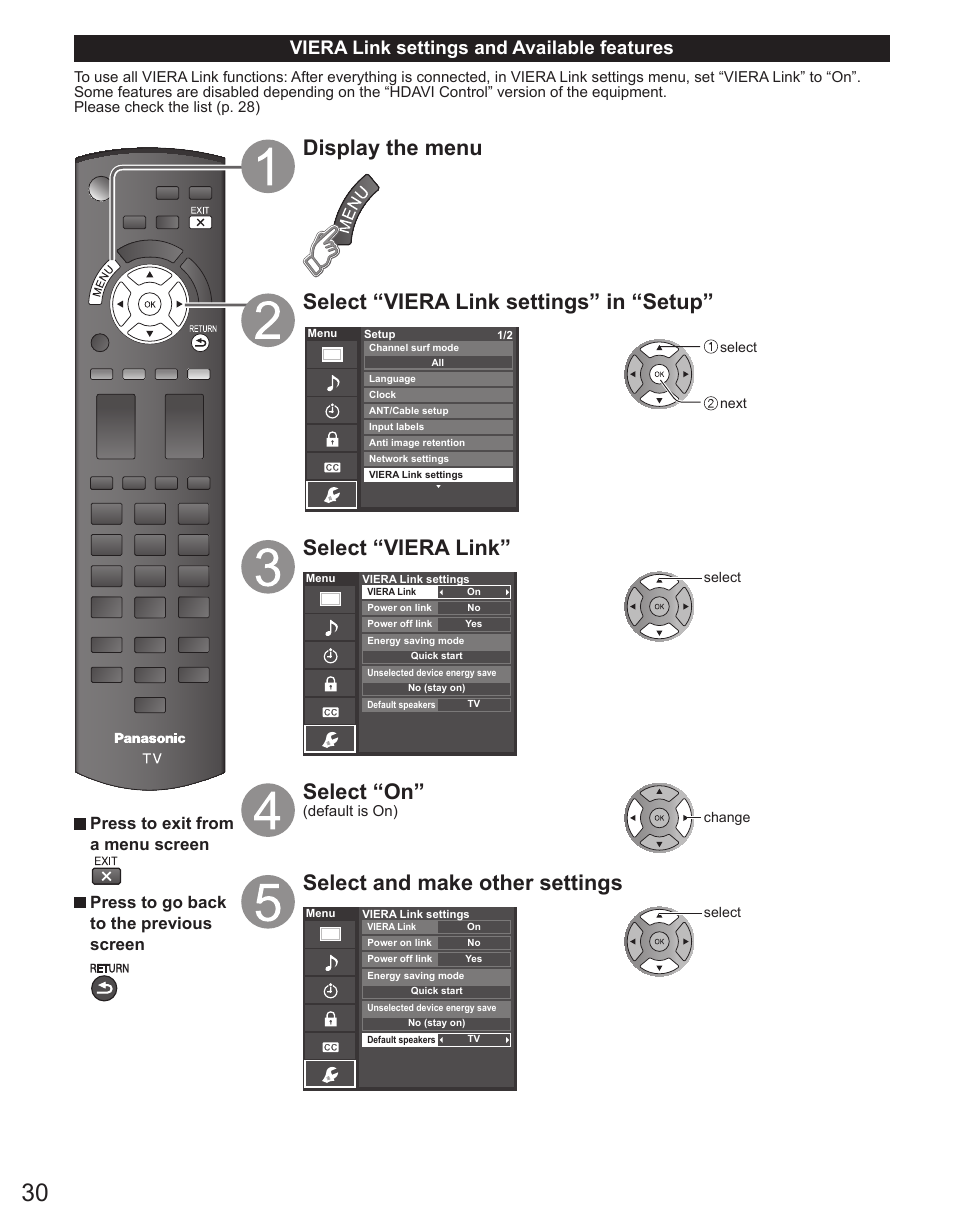 Select “viera link, Select “on, Select and make other settings | Viera link settings and available features | Panasonic TC-50PX34 User Manual | Page 31 / 62