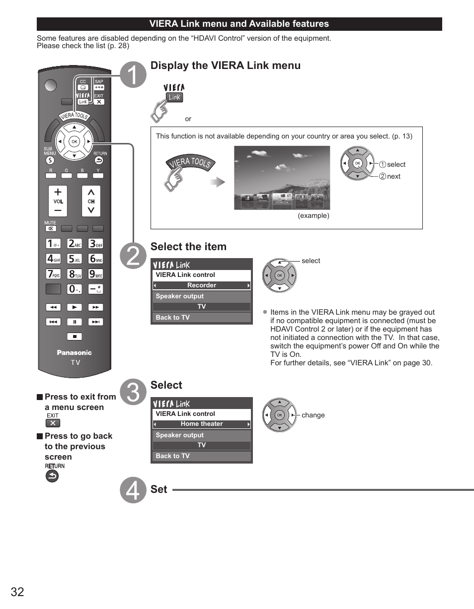 Display the viera link menu, Select the item, Select | Panasonic TC-50PX34 User Manual | Page 33 / 62