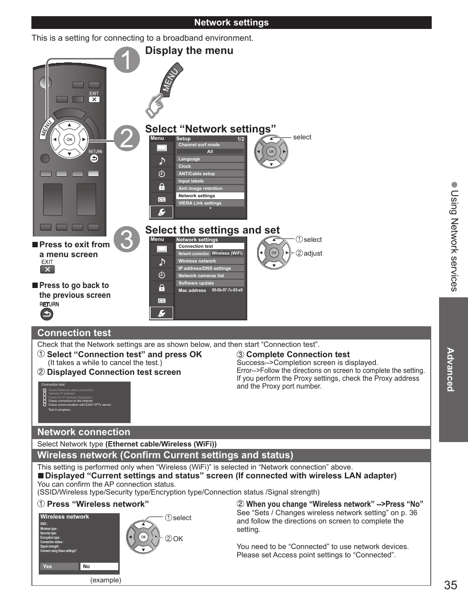 Display the menu select “network settings, Select the settings and set, Using network services | Connection test, Network connection, Advanced, Network settings | Panasonic TC-50PX34 User Manual | Page 36 / 62
