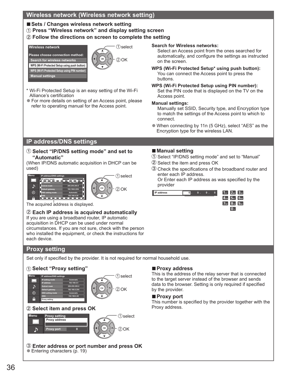 Wireless network (wireless network setting), Ip address/dns settings, Proxy setting | Select “ip/dns setting mode” and set to “automatic, Each ip address is acquired automatically, Manual setting, Select “proxy setting, Select item and press ok, Enter address or port number and press ok, Proxy address | Panasonic TC-50PX34 User Manual | Page 37 / 62