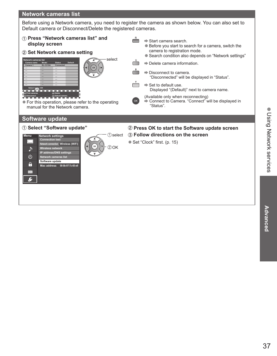 Using network services network cameras list, Software update, Advanced | Select “software update | Panasonic TC-50PX34 User Manual | Page 38 / 62