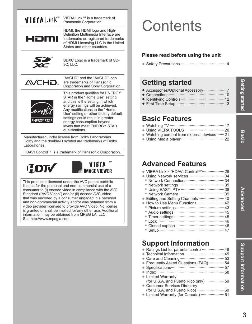 Panasonic TC-50PX34 User Manual | Page 4 / 62