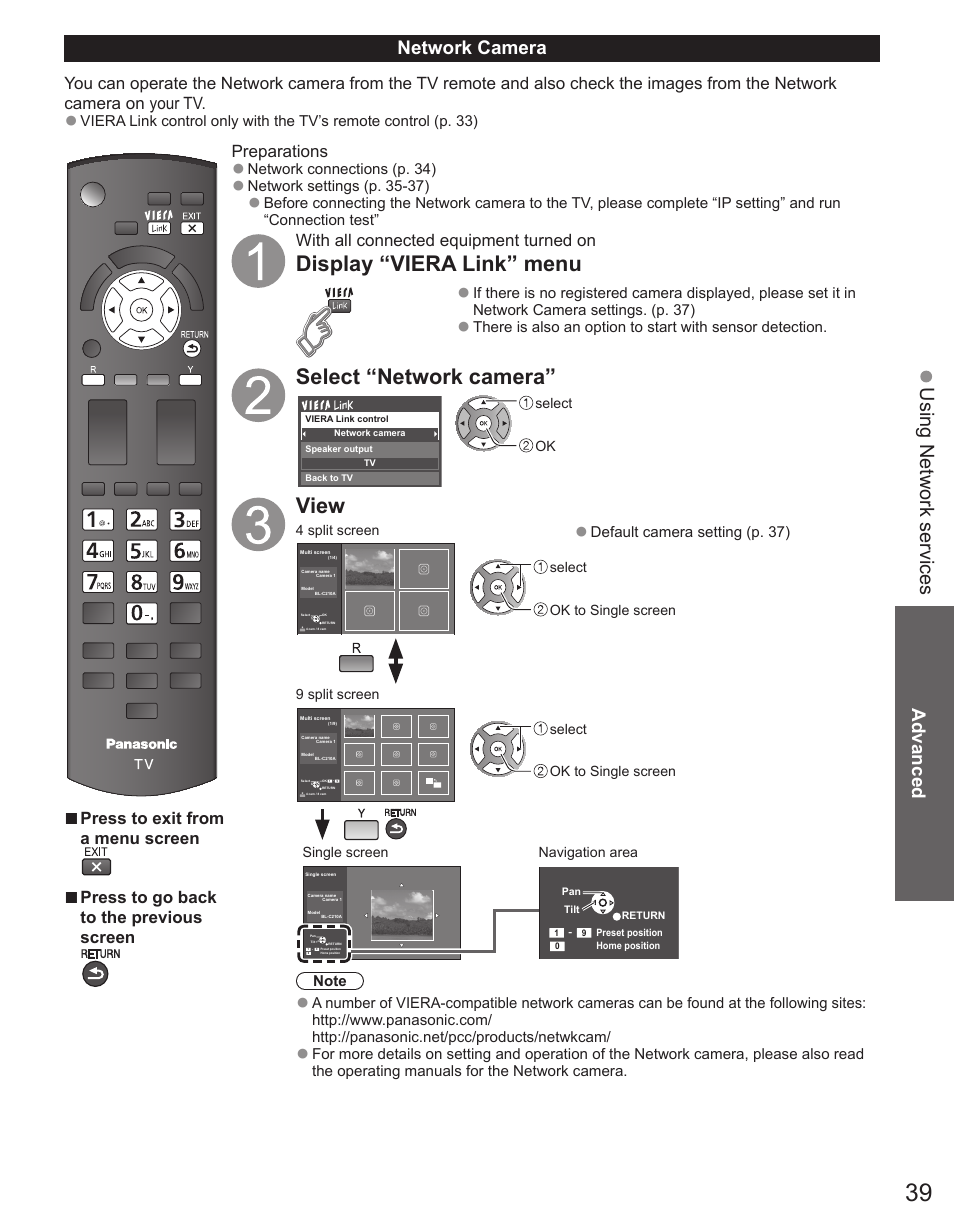 Display “viera link” menu, Select “network camera, View | Using network services, Advanced, Network camera, Press to exit from a menu screen, With all connected equipment turned on | Panasonic TC-50PX34 User Manual | Page 40 / 62