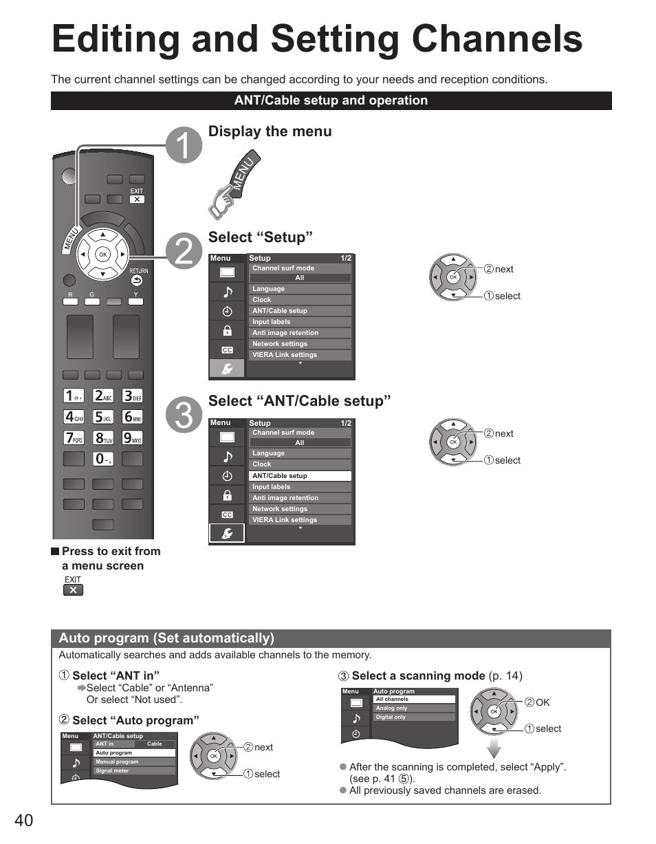 Editing and setting channels, Display the menu select “setup, Select “ant/cable setup | Auto program (set automatically), Ant/cable setup and operation | Panasonic TC-50PX34 User Manual | Page 41 / 62